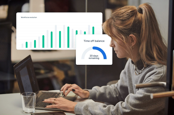 : A woman in an office, sitting in front of a laptop, with UI elements floating behind her.