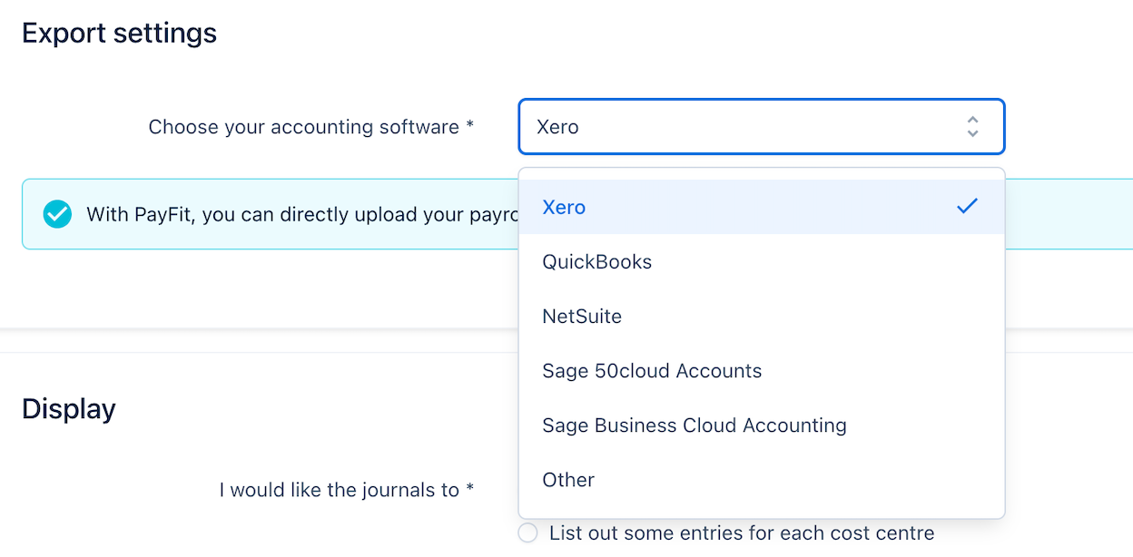 PayFit's payroll journal export settings