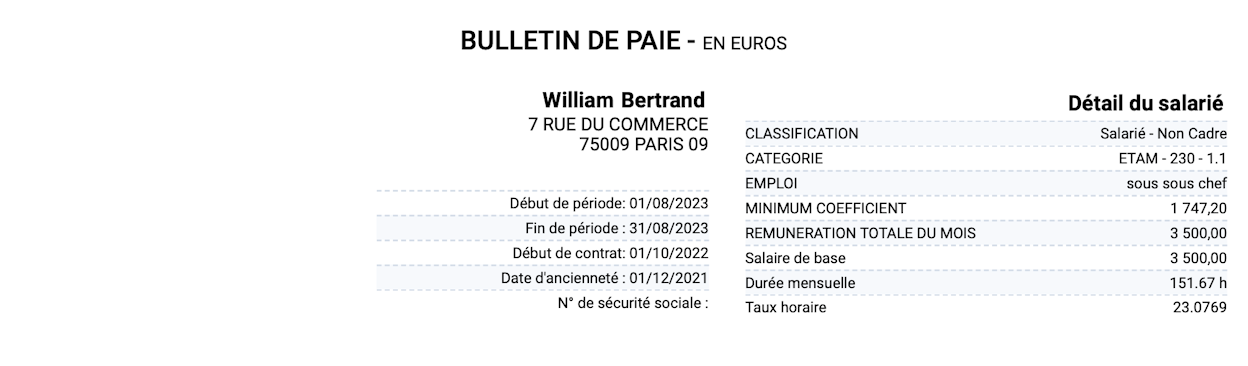 Faire fiche de paie - Informations salarié