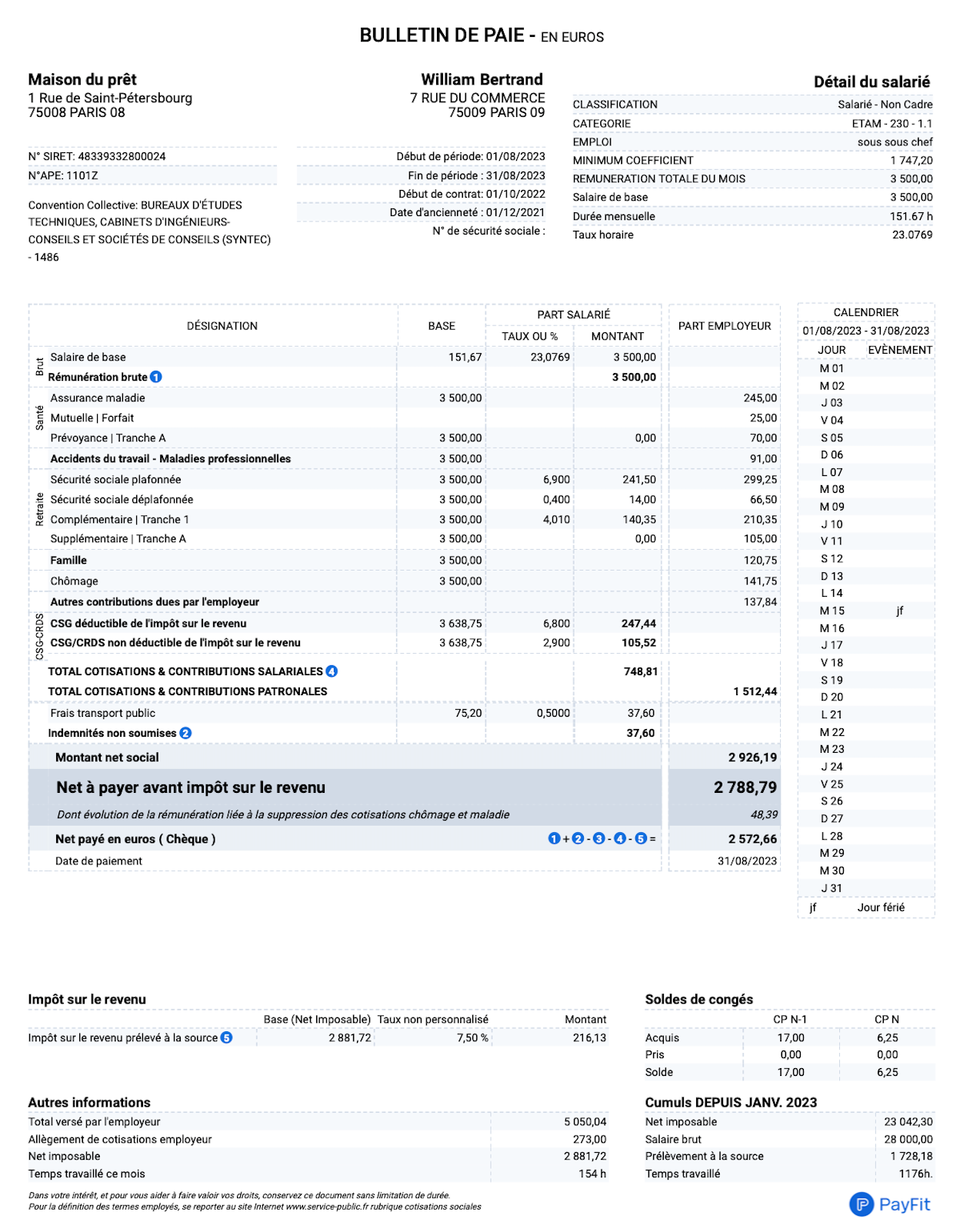 Faire une fiche de paie - Exemple