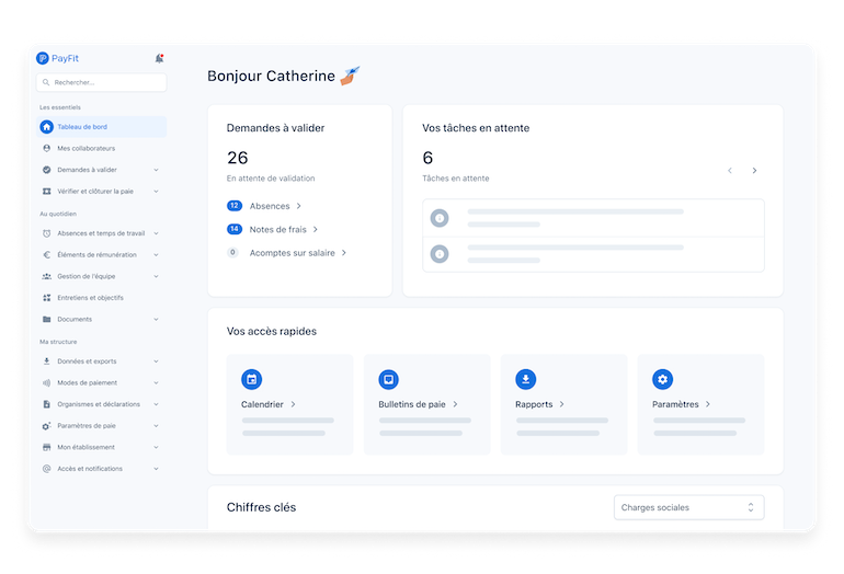 Image du tableau de bord du logiciel PayFit, affichant les informations essentielles sur la gestion de la paie et des ressources humaines.