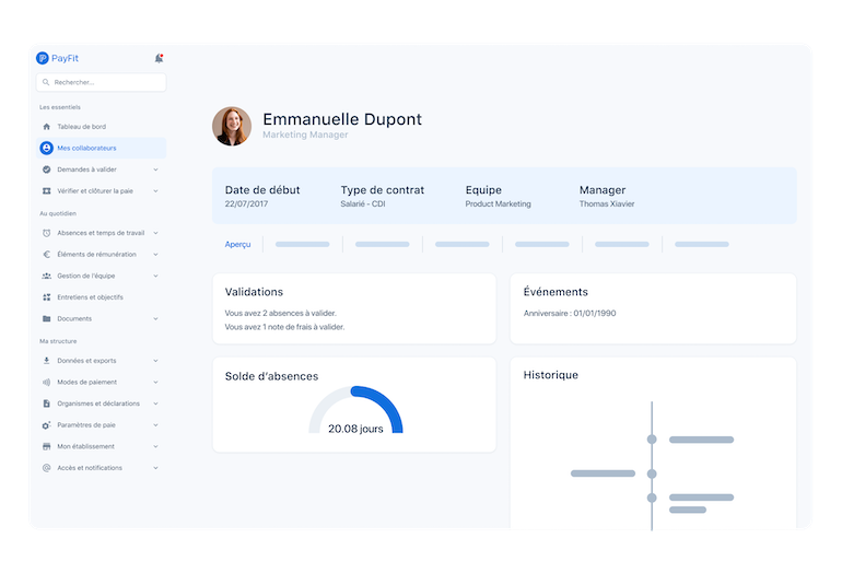 Capture d'écran de la section "Mes collaborateurs" du logiciel PayFit, offrant des outils de gestion du personnel.