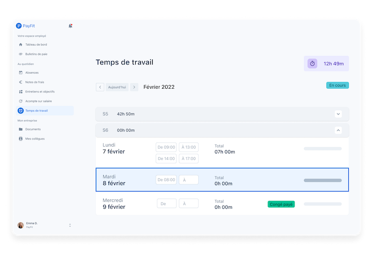 Capture d'écran de la section temps de travail du logiciel PayFit, offrant des outils de gestion du temps de travail pour les employés et les ressources humaines.