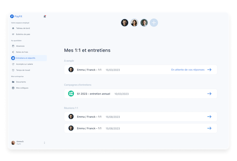 Capture d'écran de la section performances et engagement du logiciel PayFit, offrant des outils de gestion des performances pour les employés et les ressources humaines.