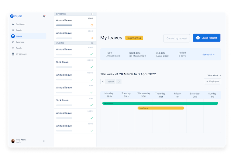 Leaves & absences dashboard UI element from PayFit app